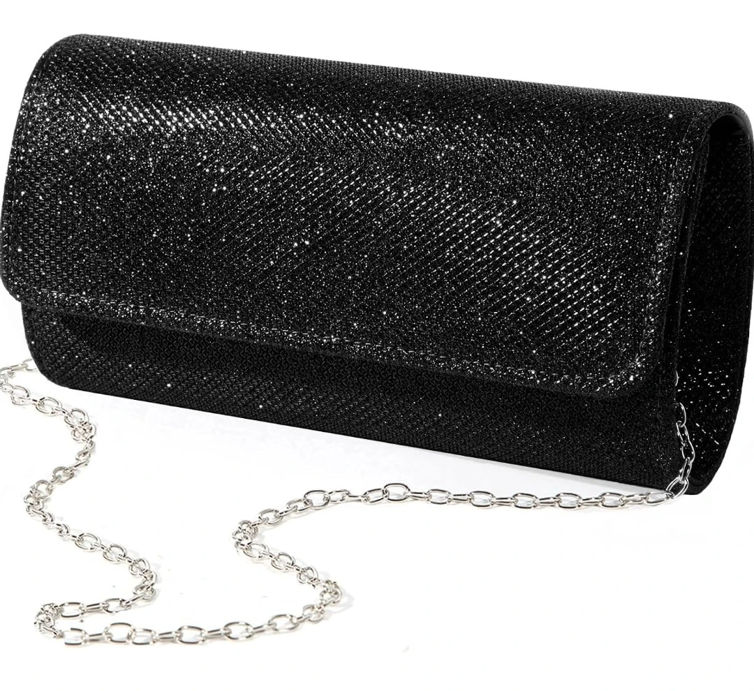 Sparkly Black Clutch Purse with Silver Chain