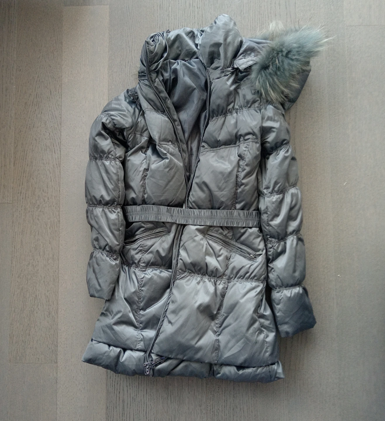 Silver Puffer Coat with Faux Fur Hood
