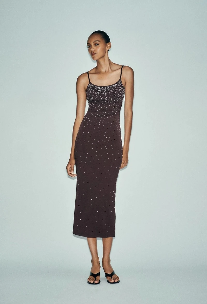 Zara Brown Rhinestone Polyamide Dress - Size Medium