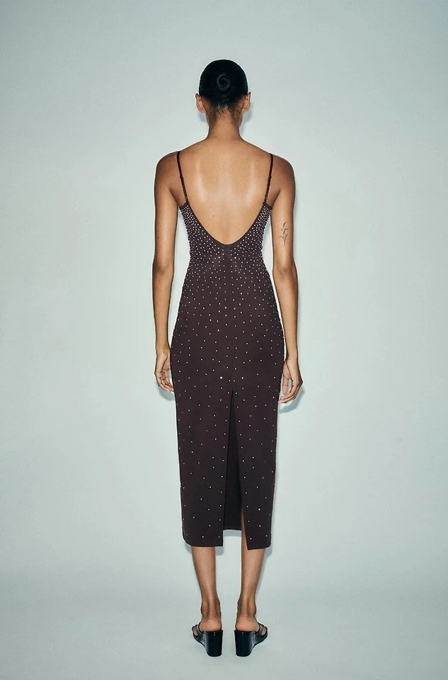 Zara Brown Rhinestone Polyamide Dress - Size Medium - photo 2