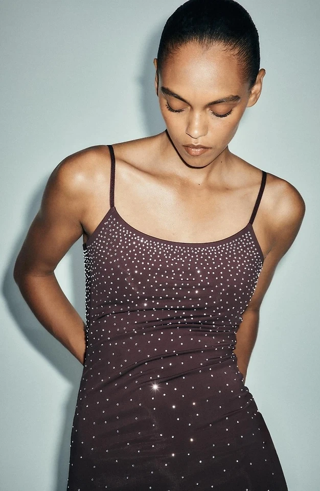 Zara Brown Rhinestone Polyamide Dress - Size Medium - photo 3