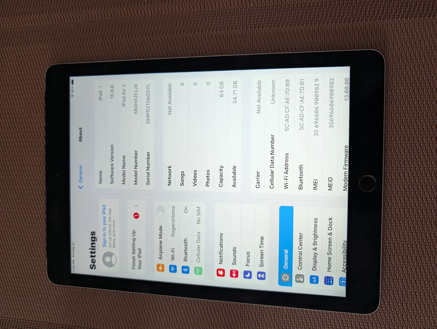 Apple iPad Air 2 64GB  Wi-Fi and sim card enabled.