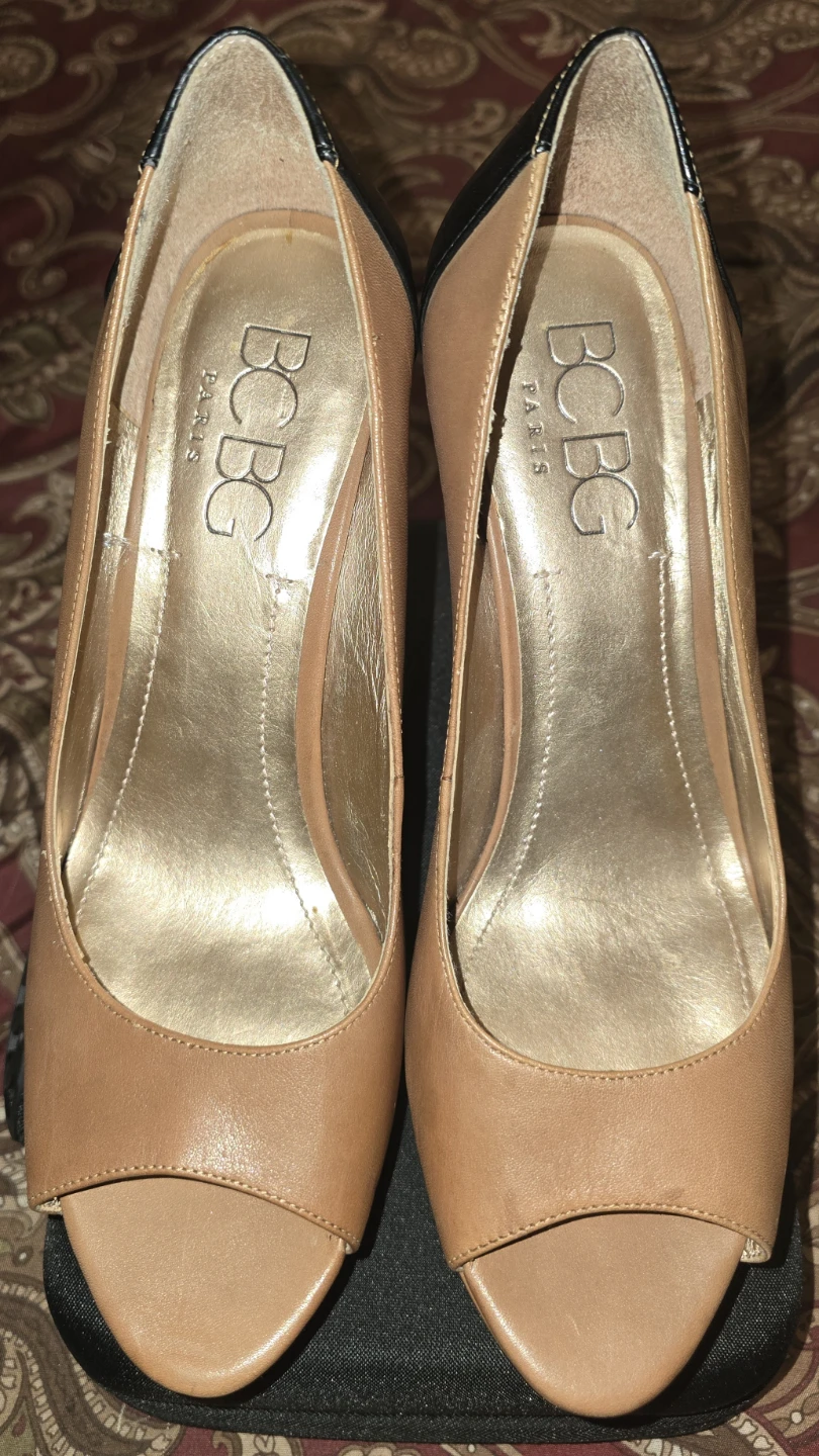 BCBG Tan & Black Peep-Toe Wedge Heels