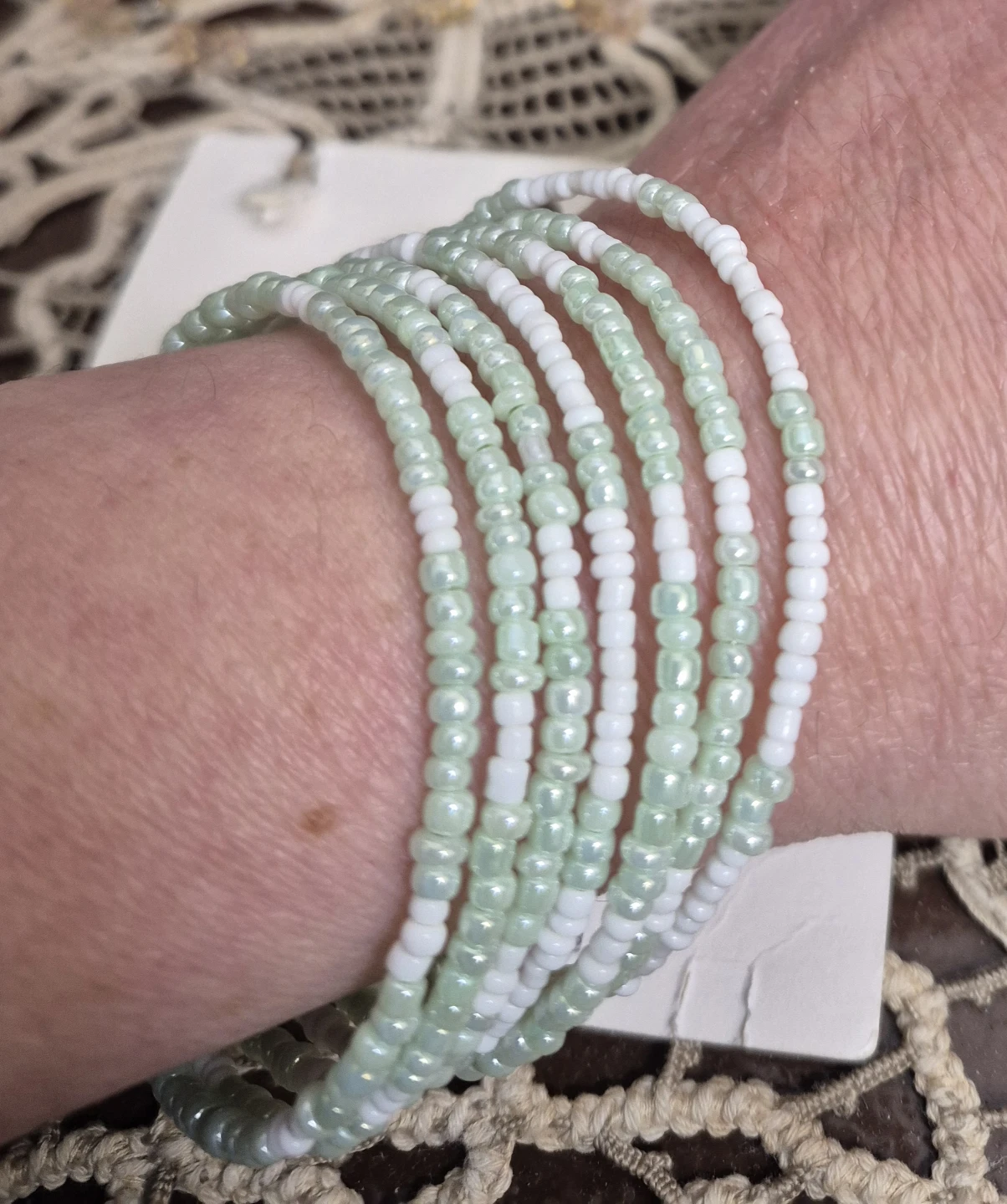 Wire wrap Beaded  Bracelets Set (Mint Green & White)