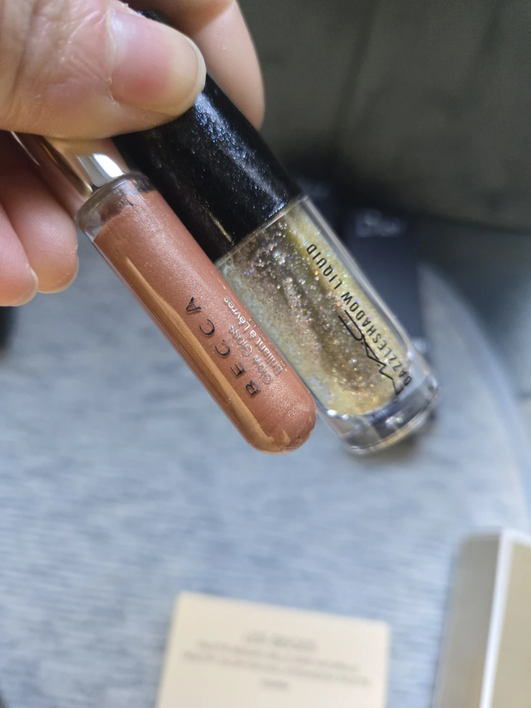 BECCA Glow Gloss Rose Gold + MAC glitter eyeshadow