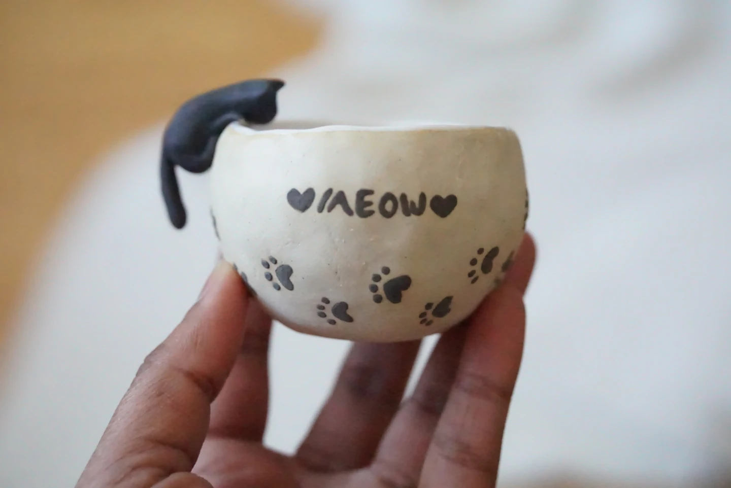 Ceramic Planter Pot with Black Cat and Paw Prints
