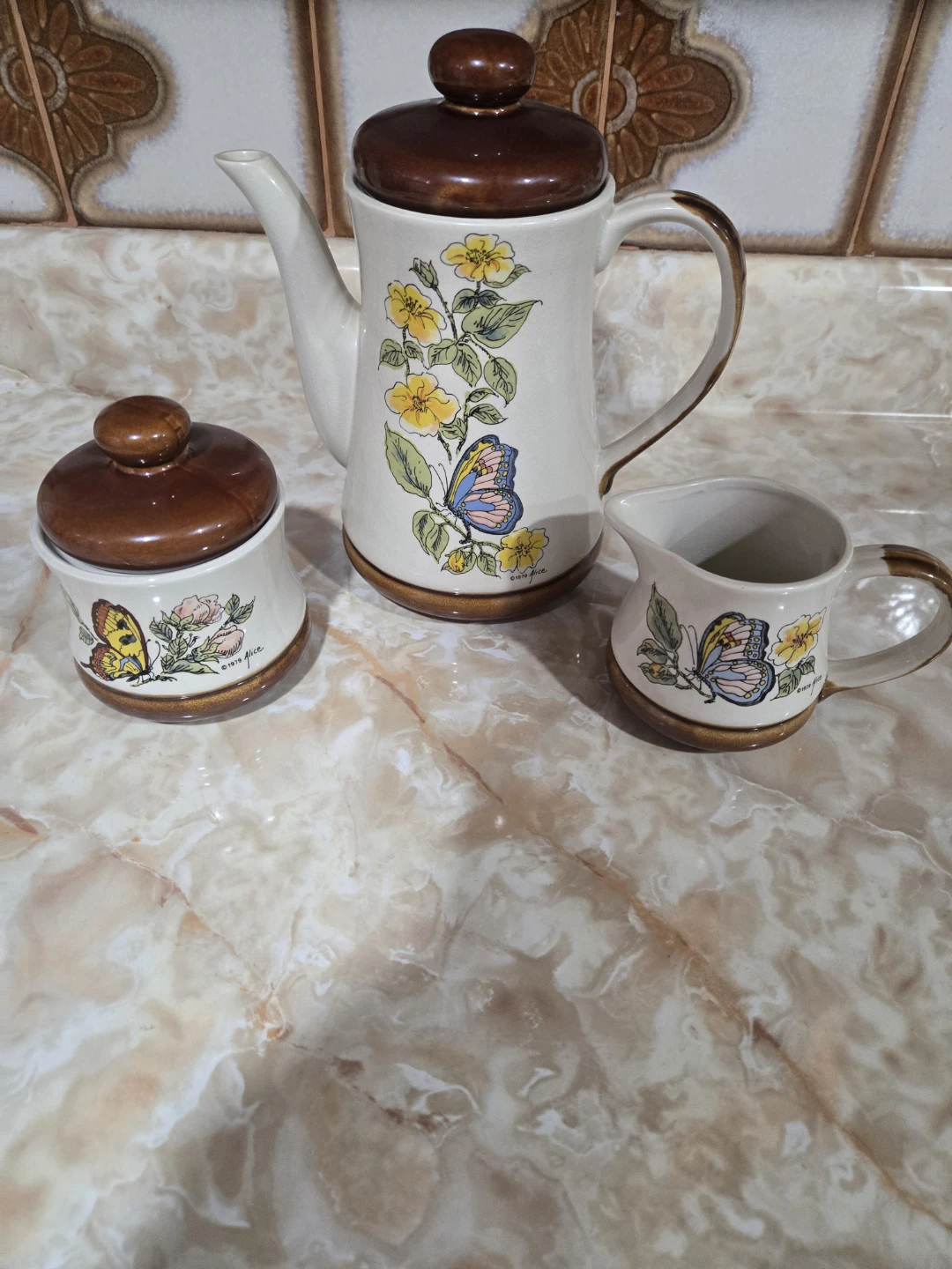 Vintage Floral & Butterfly Tea Set - 3 Piece.Made in Japan