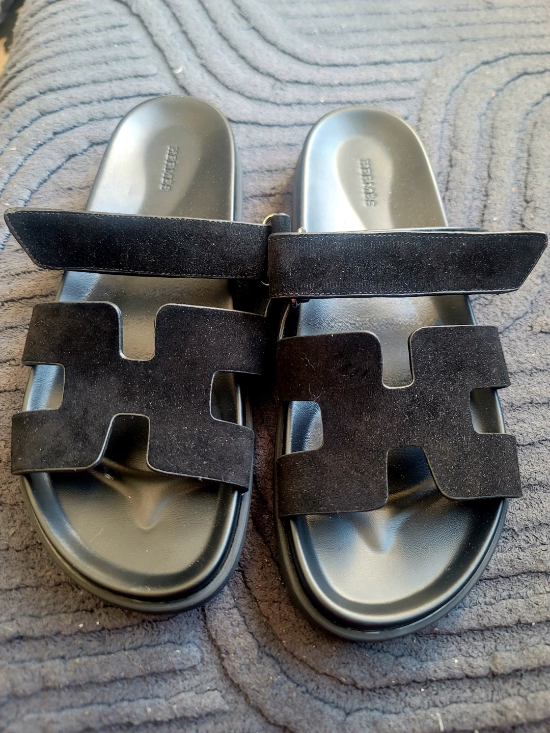 New Men Hermès Black Suede and Leather Slides