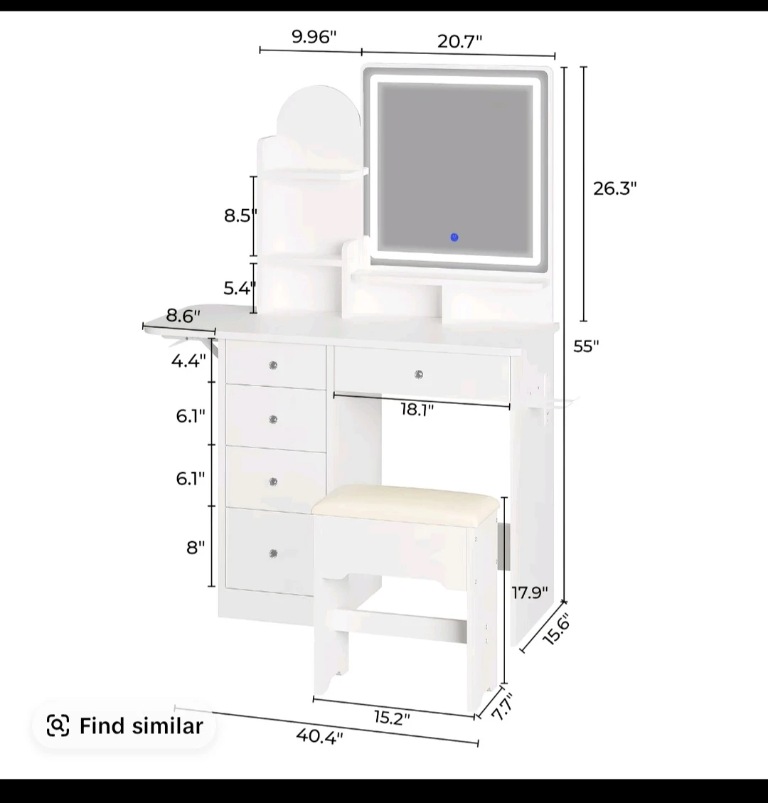 White Vanity Dressing Table Set with LED Mirror and Stool🏆 - photo 2