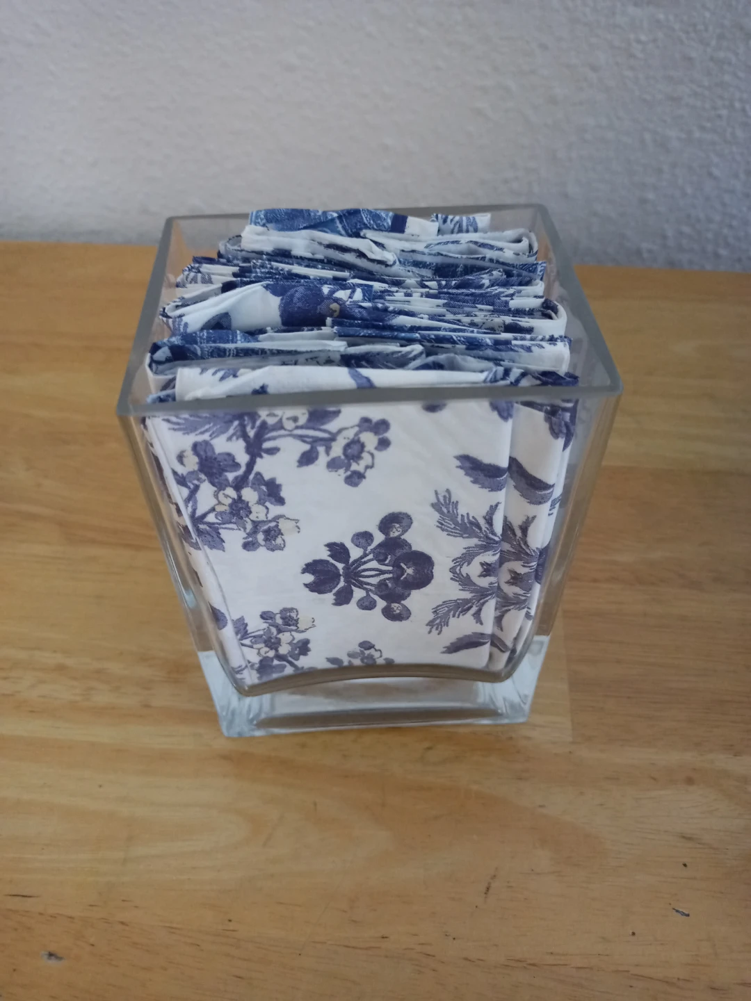 Glass Napkin Holder with Blue Floral Napkins
