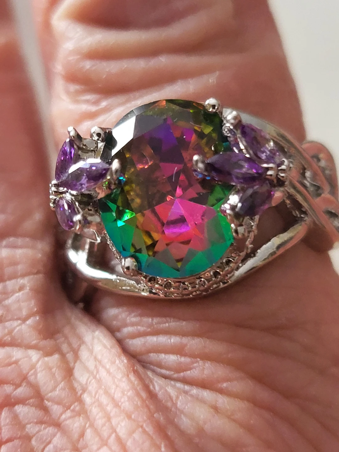 Statement Ring with Large Rainbow Mystic Topaz & Amethyst