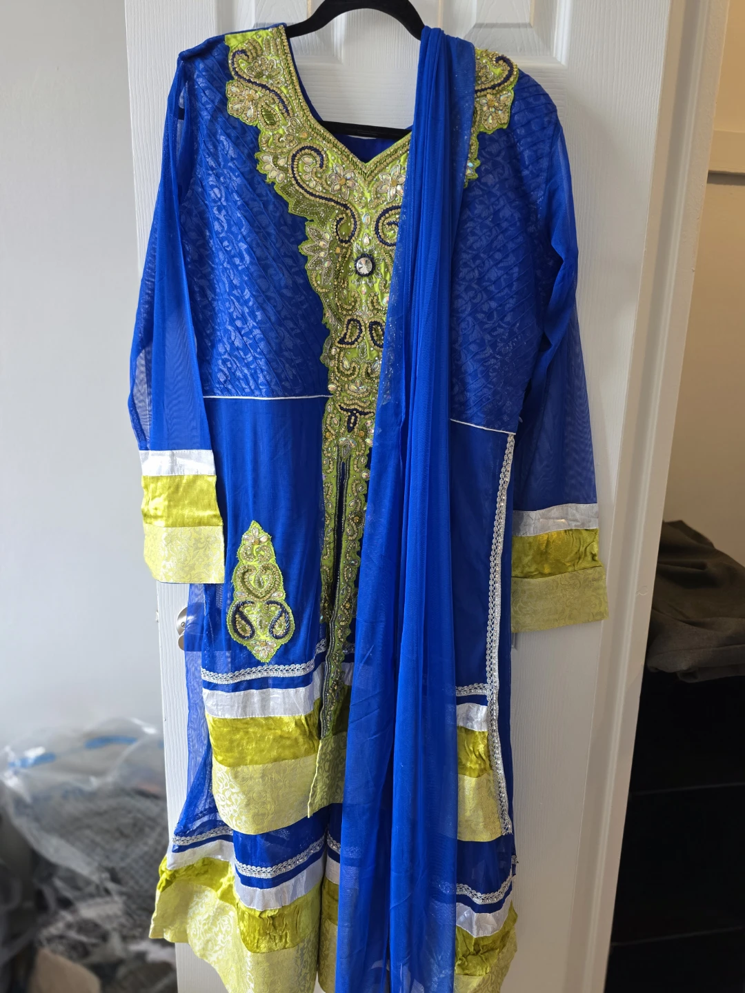 Blue and Yellow Embellished Salwar Kameez Dupatta Set - photo 2