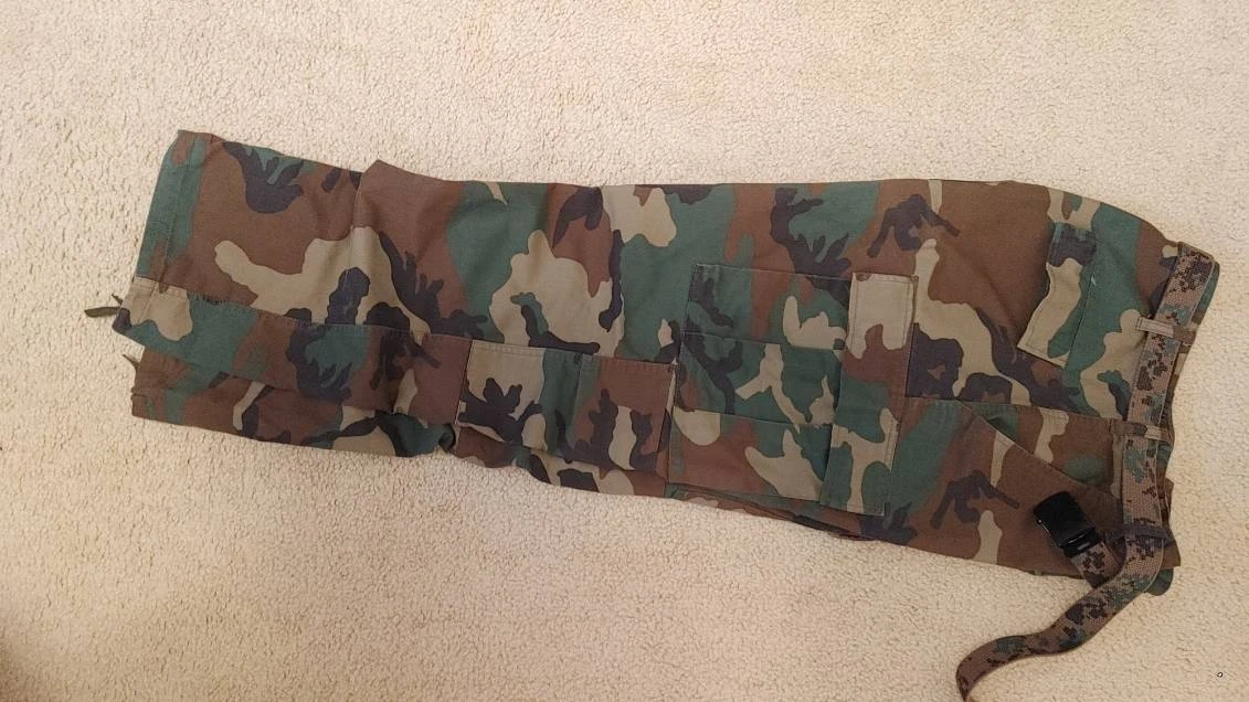 Military Camo Jacket, Pants, Vest, Boots, and Canteen