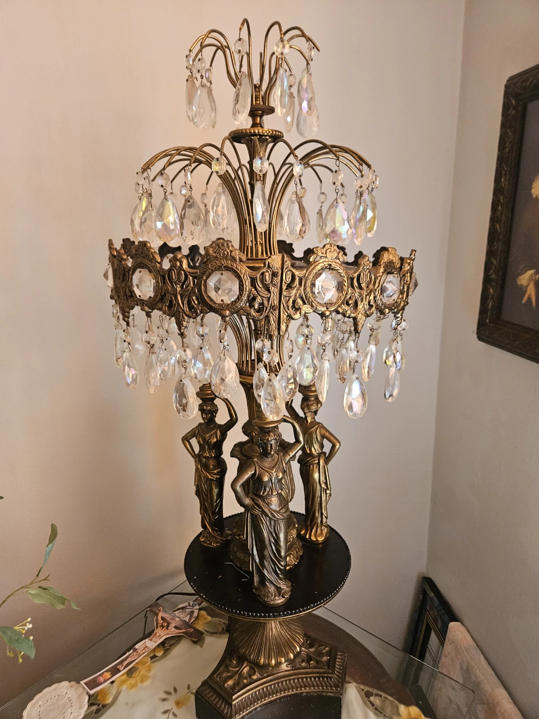 Antique Ornate Crystal & Brass Table Lamp with Figural Base - photo 2