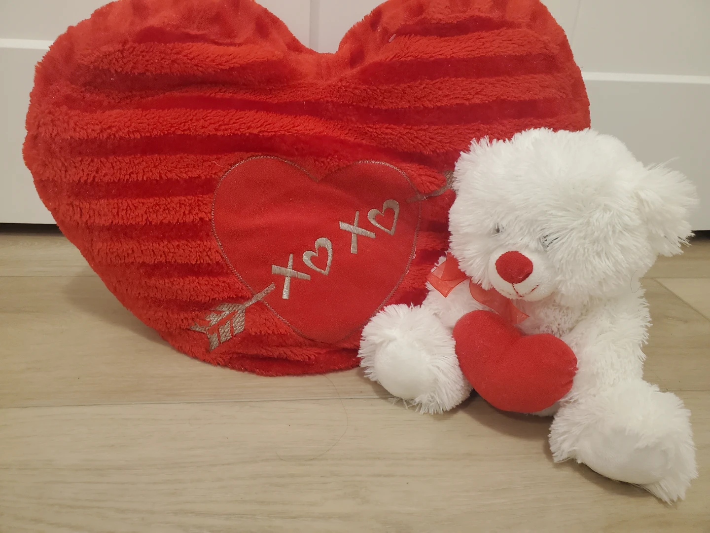 White Teddy Bear with Red Heart Pillow