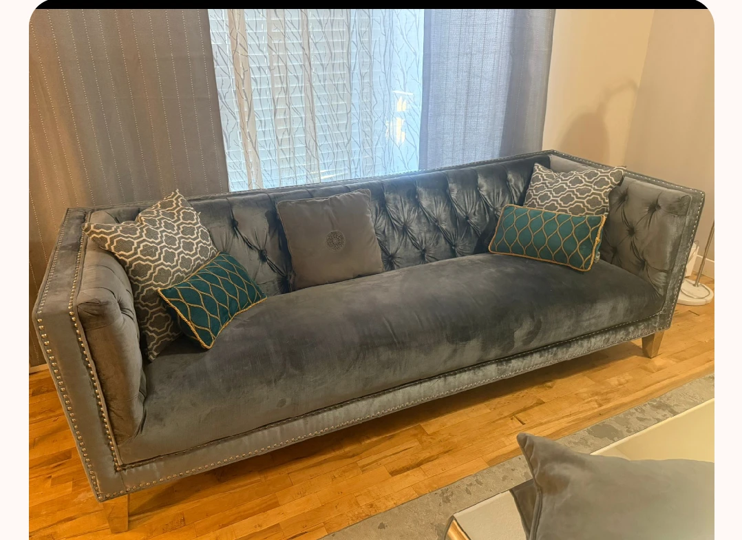 Grey Velvet Tufted Sofa with Silver Studs