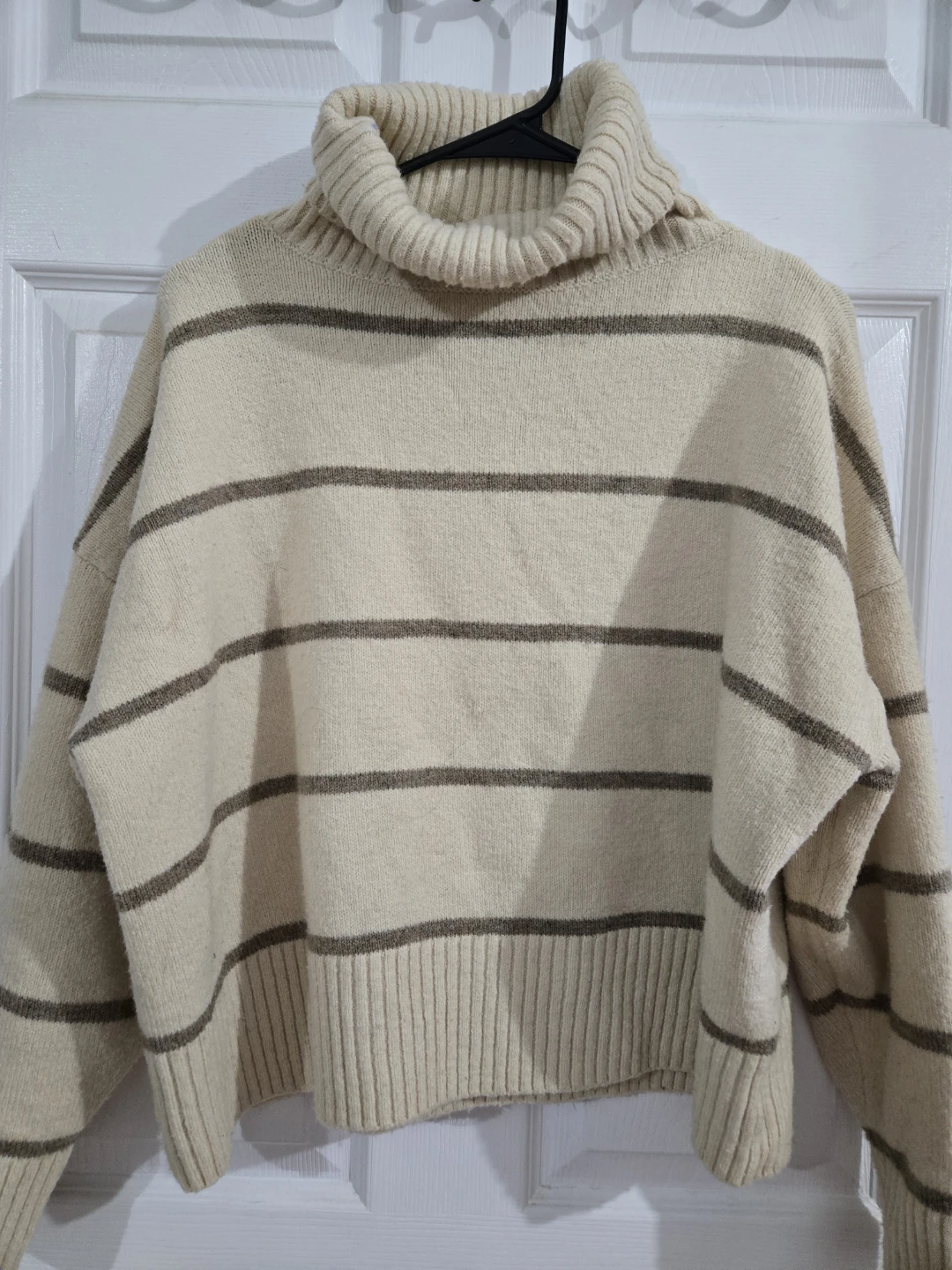 Cream & Brown Striped Turtleneck Sweater