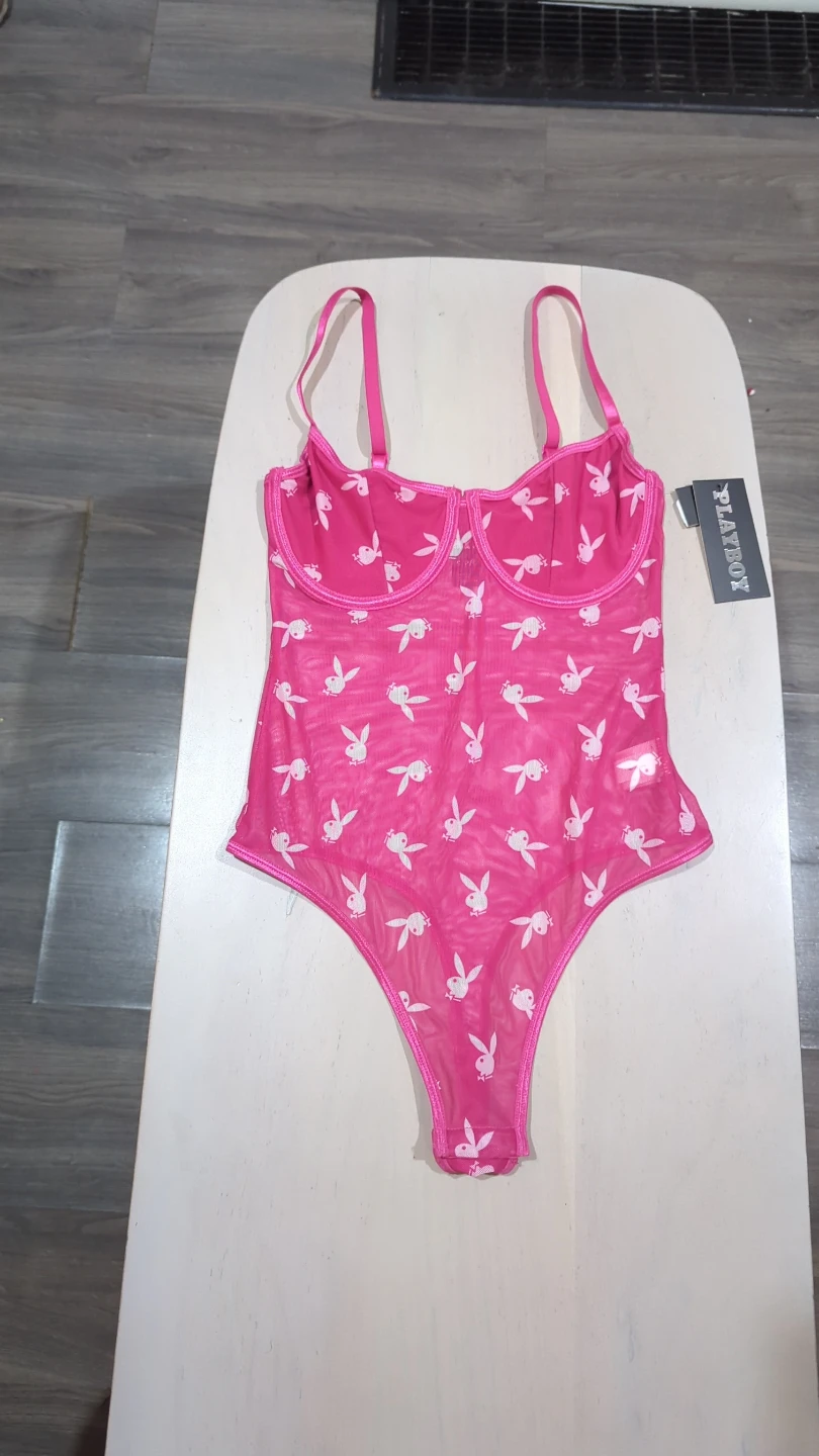 Playboy Pink Bunny Print Mesh Bodysuit