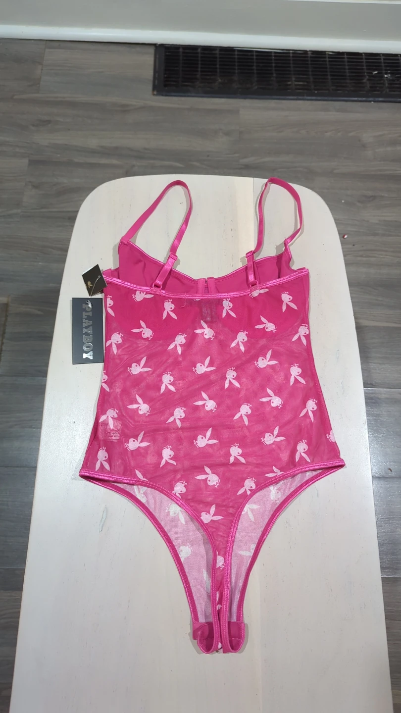 Playboy Pink Bunny Print Mesh Bodysuit - photo 2