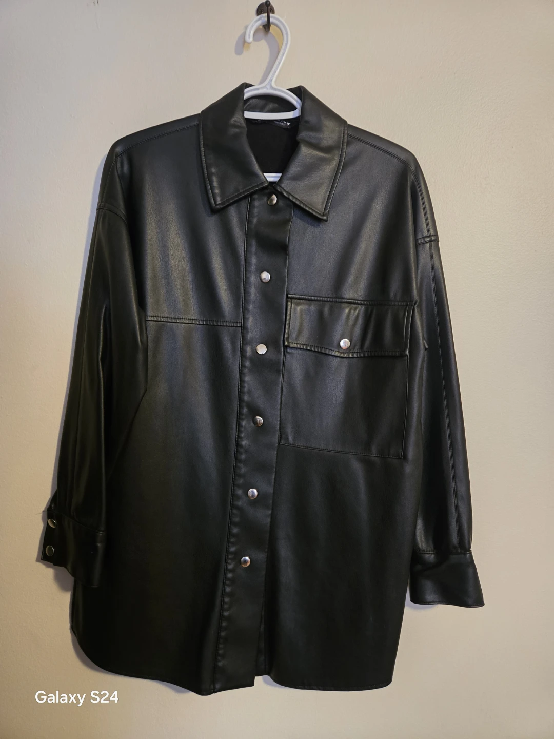Black Faux Leather Shirt Jacket