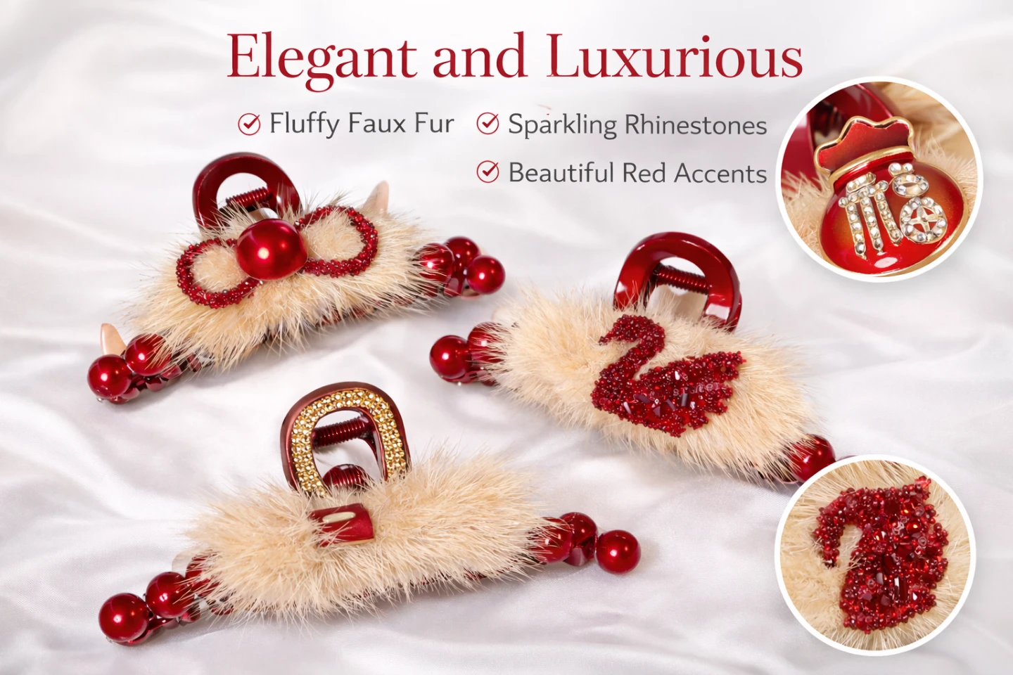 Glam Faux Fur Hair Claw Clips with Rhinestones - photo 3