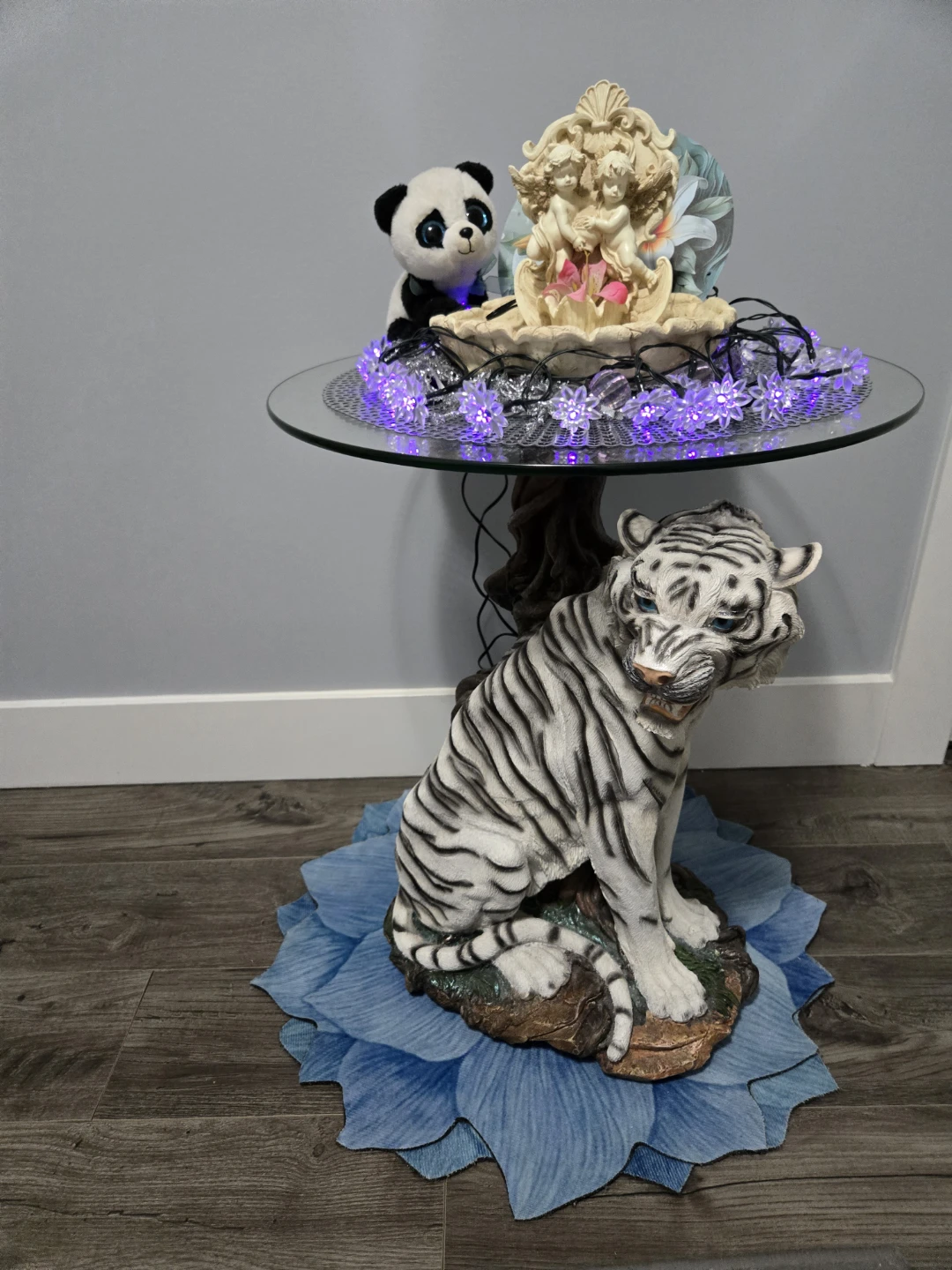 White Tiger Statue with Blue Flower Base