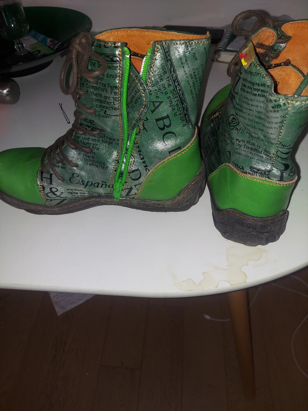 Green Leather Boots with Text Print - photo 2