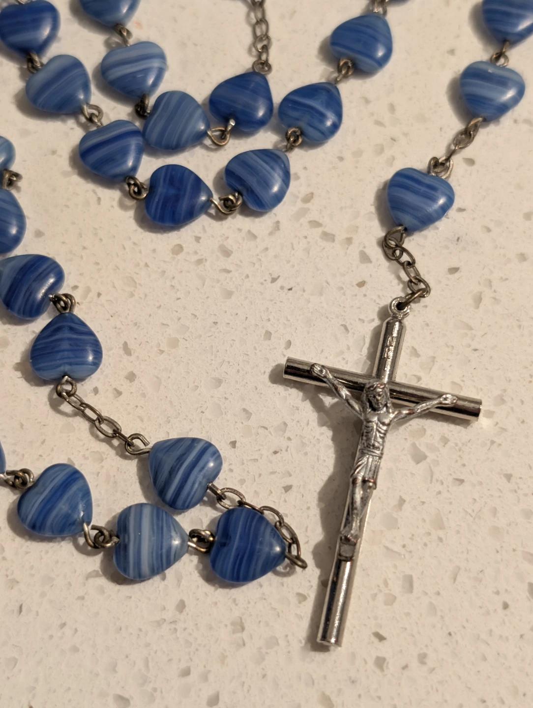Vintage Italian "Blue Marble" Glass Heart Rosary - photo 3