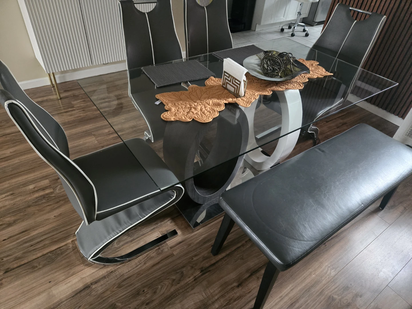 Glass Dining Table with 4 Chairs+1 and Bench and table clothing - photo 3