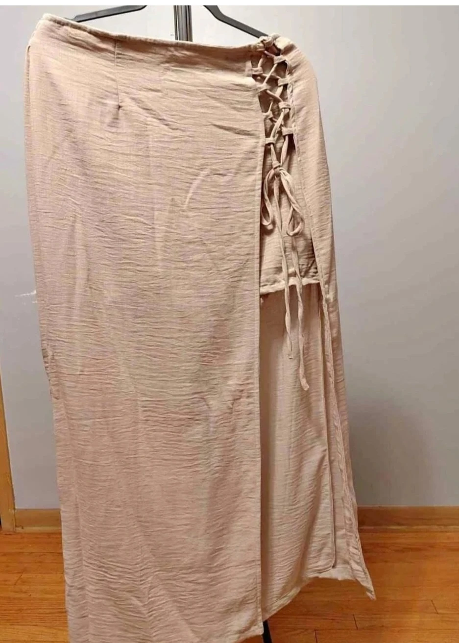 Beige Lace-Up Slit Maxi Skirt - photo 2