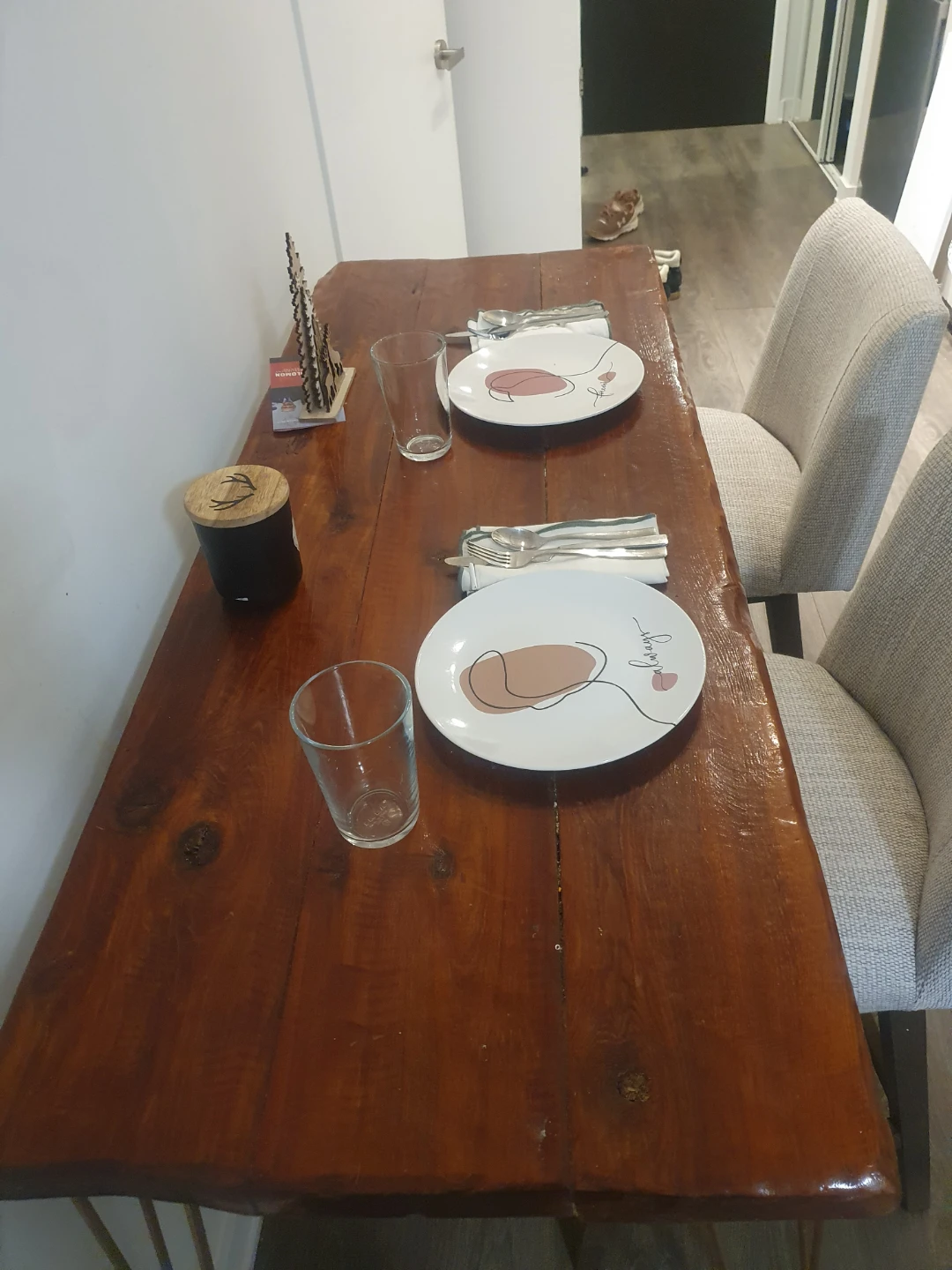 Set of table and 2 Swivel Grey Bar Stools