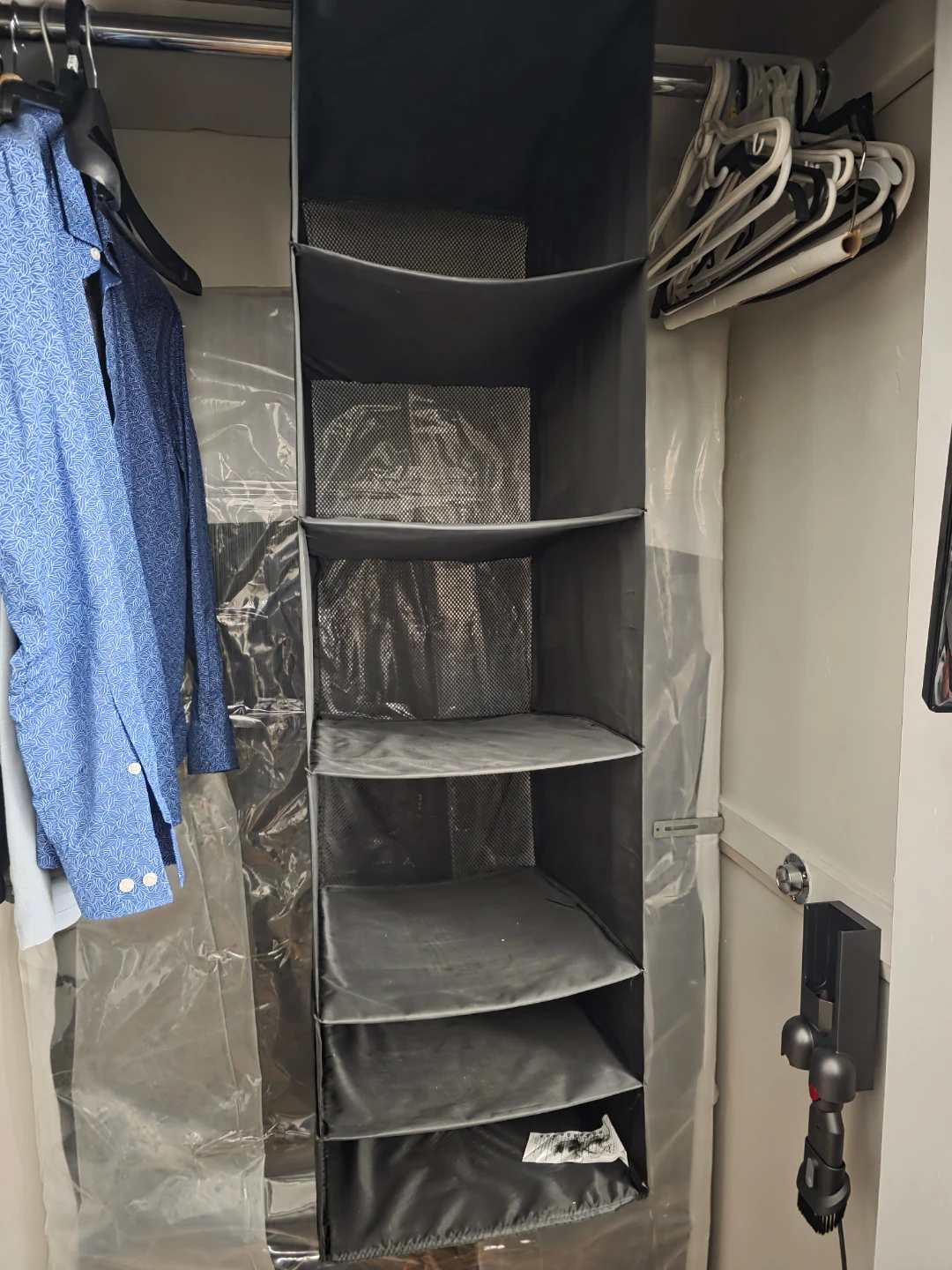 Grey 5-Shelf Hanging Closet Organizer with Drawer