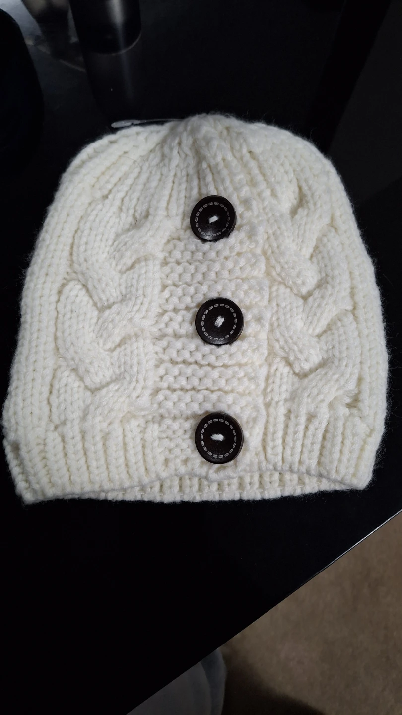 Cream Knit Beanie with Decorative Buttons