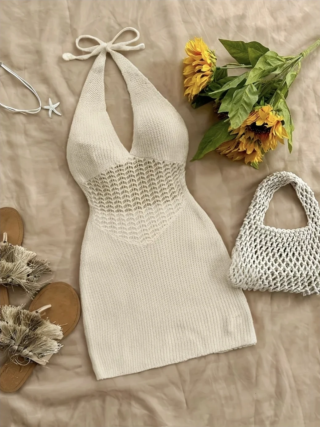 Cream Crochet Halter Neck Mini Dress - photo 2