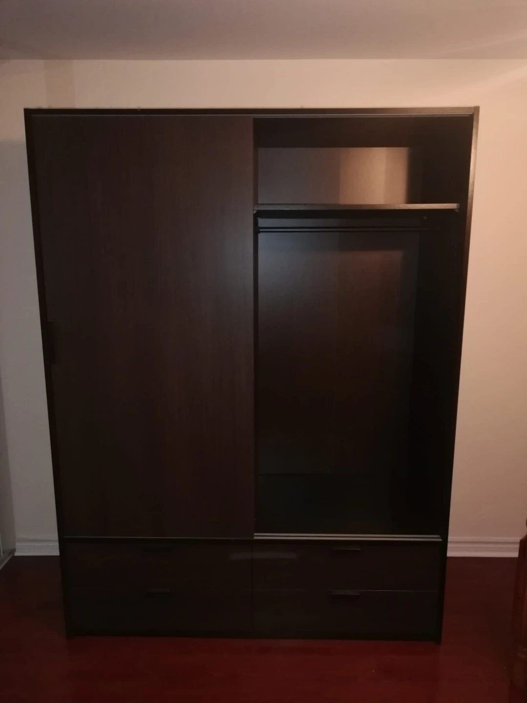 Dark Wood Wardrobe with Sliding Door and Drawers - photo 4