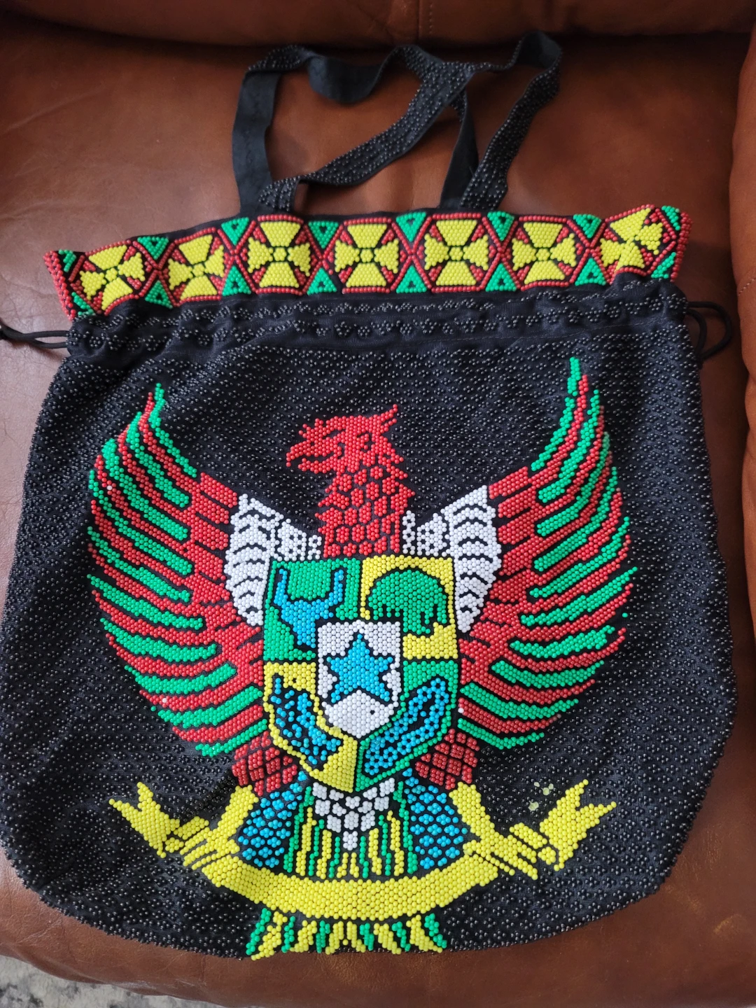 Black Beaded Tote Bag with Coat of Arms Design