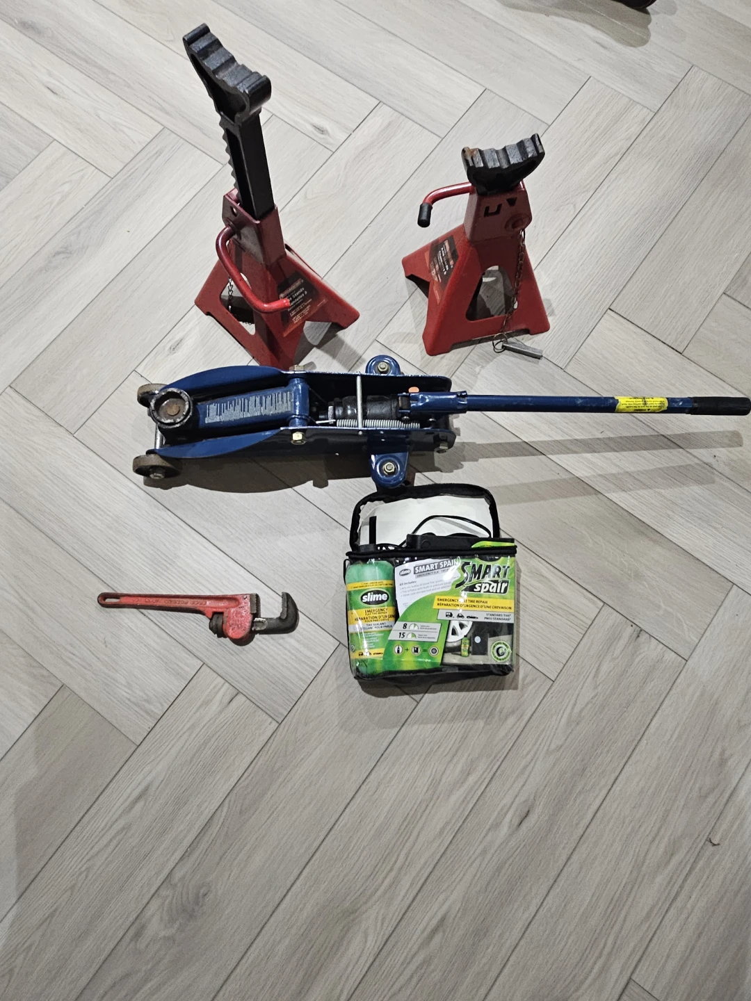 Car Jack, Jack Stands, Tire Repair Kit and Pipe Wrench Set