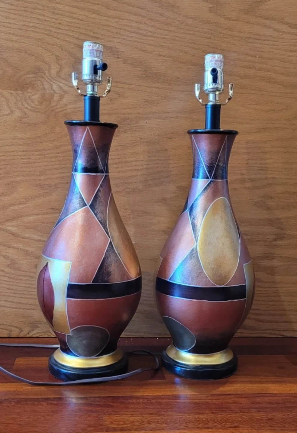 Set of 2 Decorative Table Lamps - Red/Black/Gold Poly