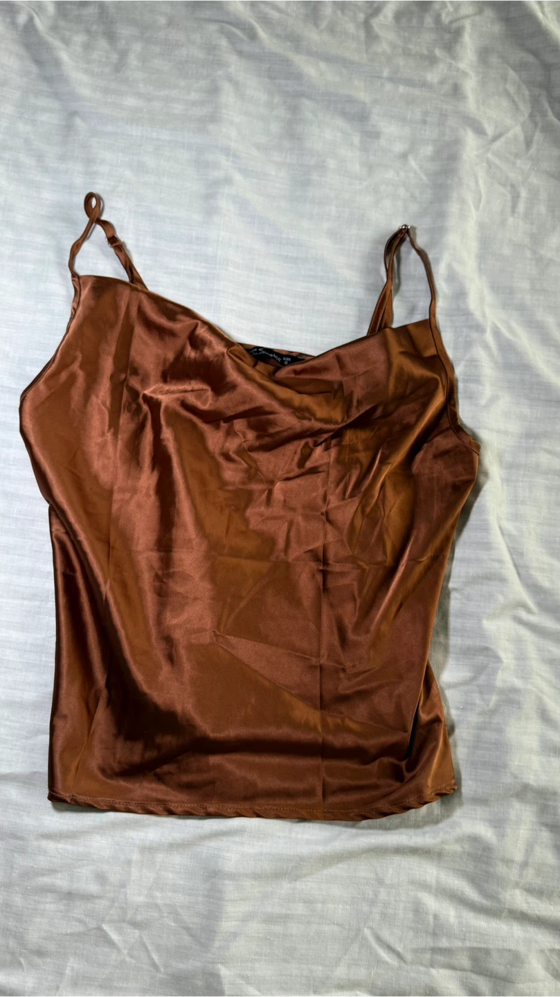 Simplee Brown Satin Cami Tank Top Size S
