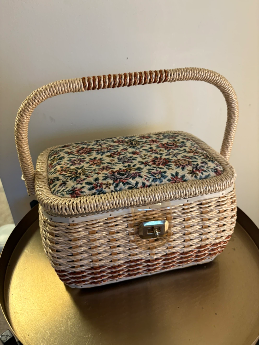 Vintage Wicker Sewing Box with Floral Tapestry Lid