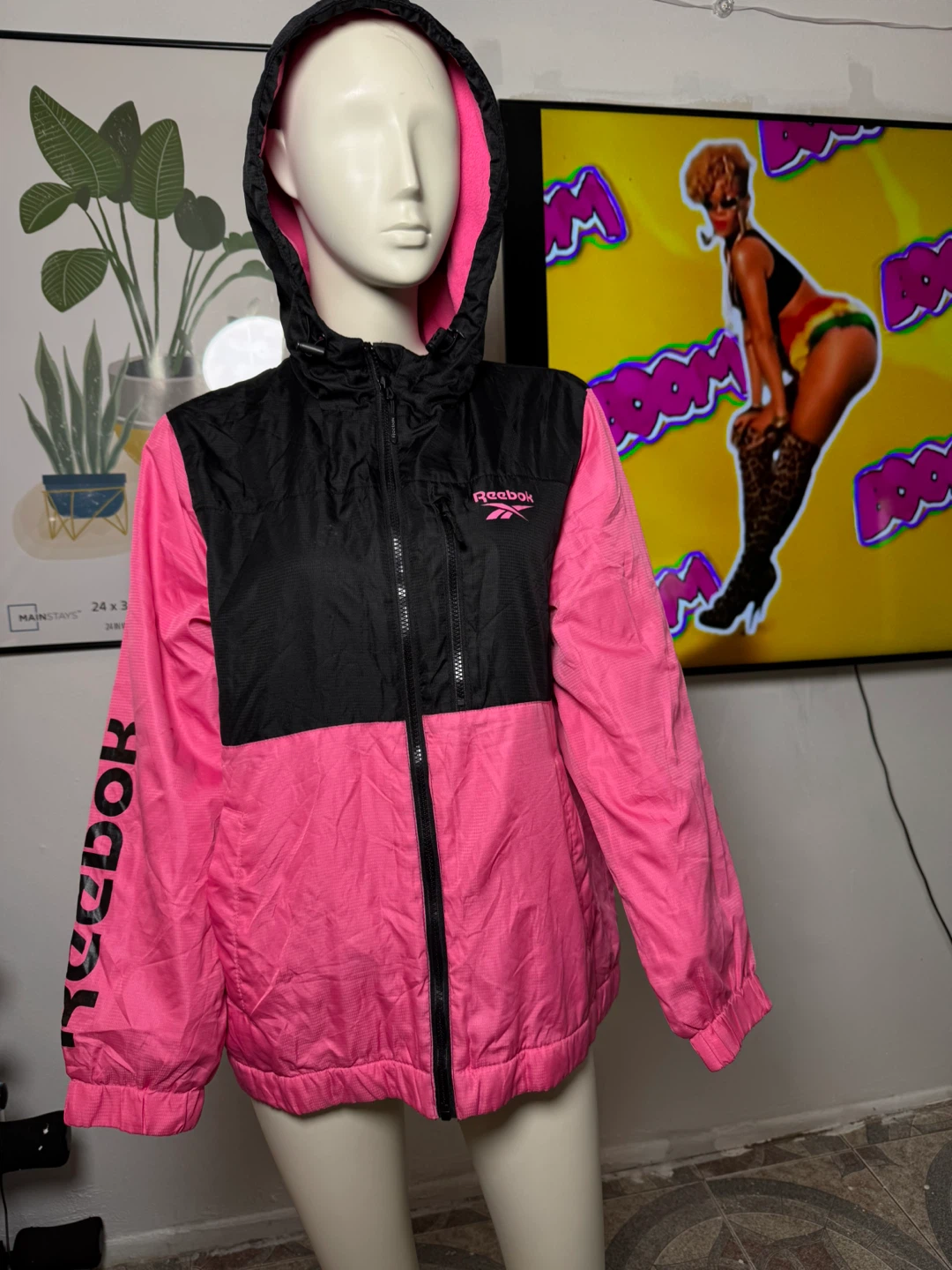 Reebok Windbreaker Jacket Pink Black Hooded Zip Up - photo 3