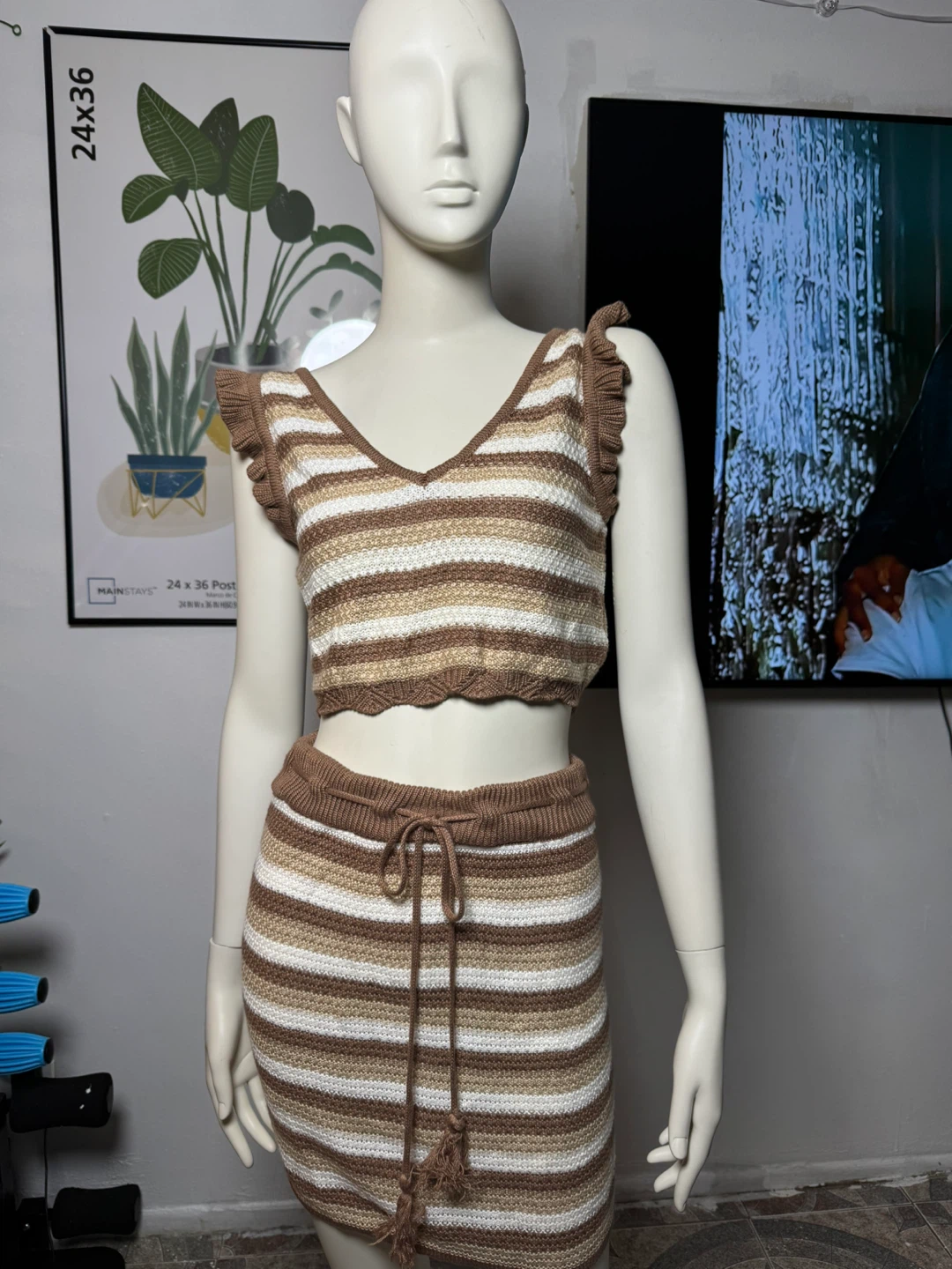 Striped Crochet Knit Crop Top and Skirt Set