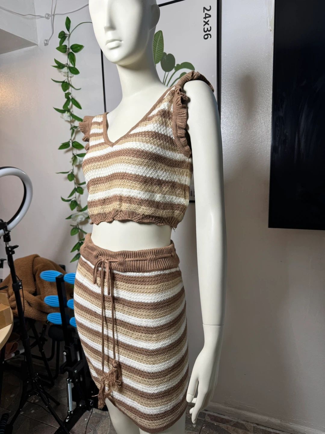 Striped Crochet Knit Crop Top and Skirt Set - photo 3
