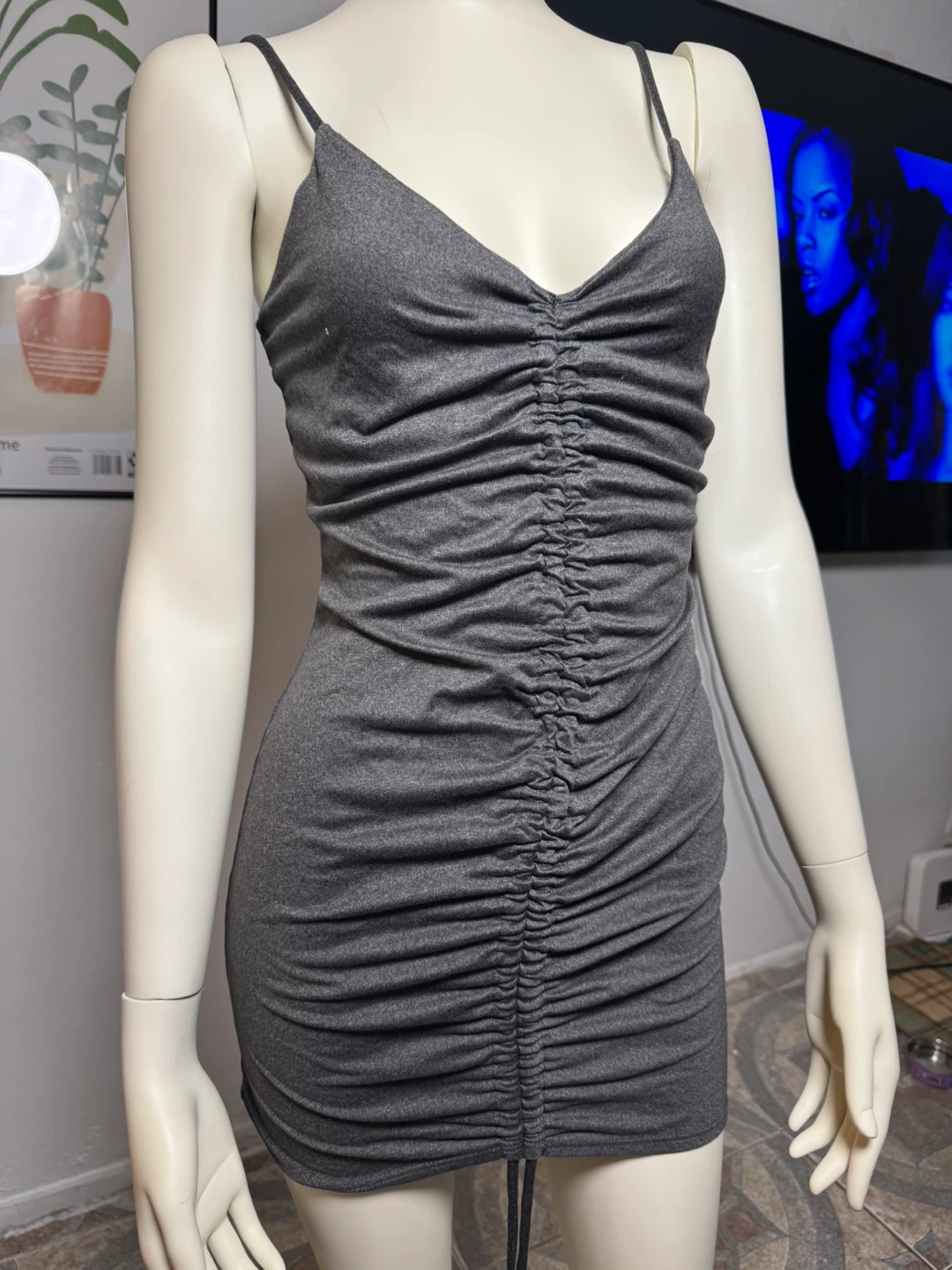 Ruched Grey Mini Dress with Spaghetti Straps