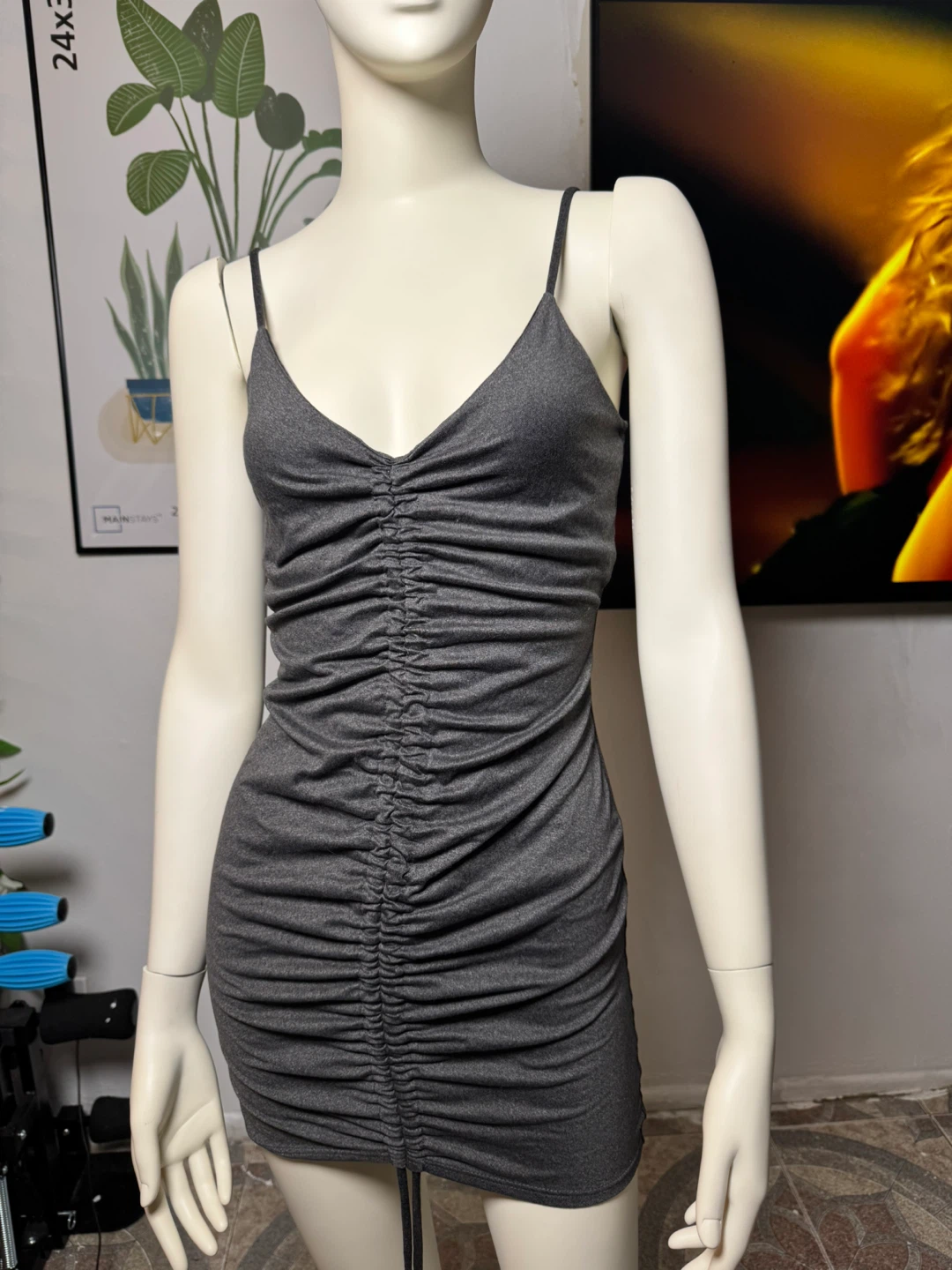 Ruched Grey Mini Dress with Spaghetti Straps - photo 3