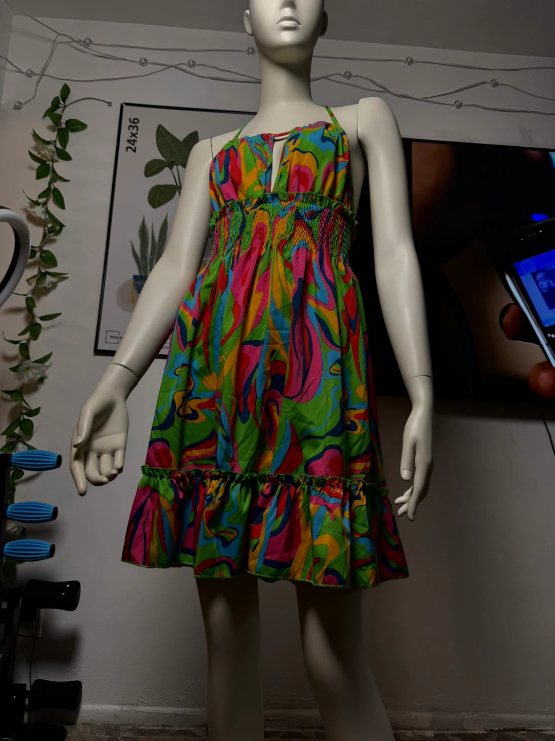 Vibrant Halter Neck Mini Dress with Smocked Waist - photo 5