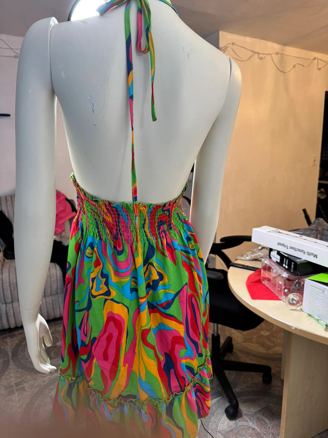 Vibrant Halter Neck Mini Dress with Smocked Waist - photo 4