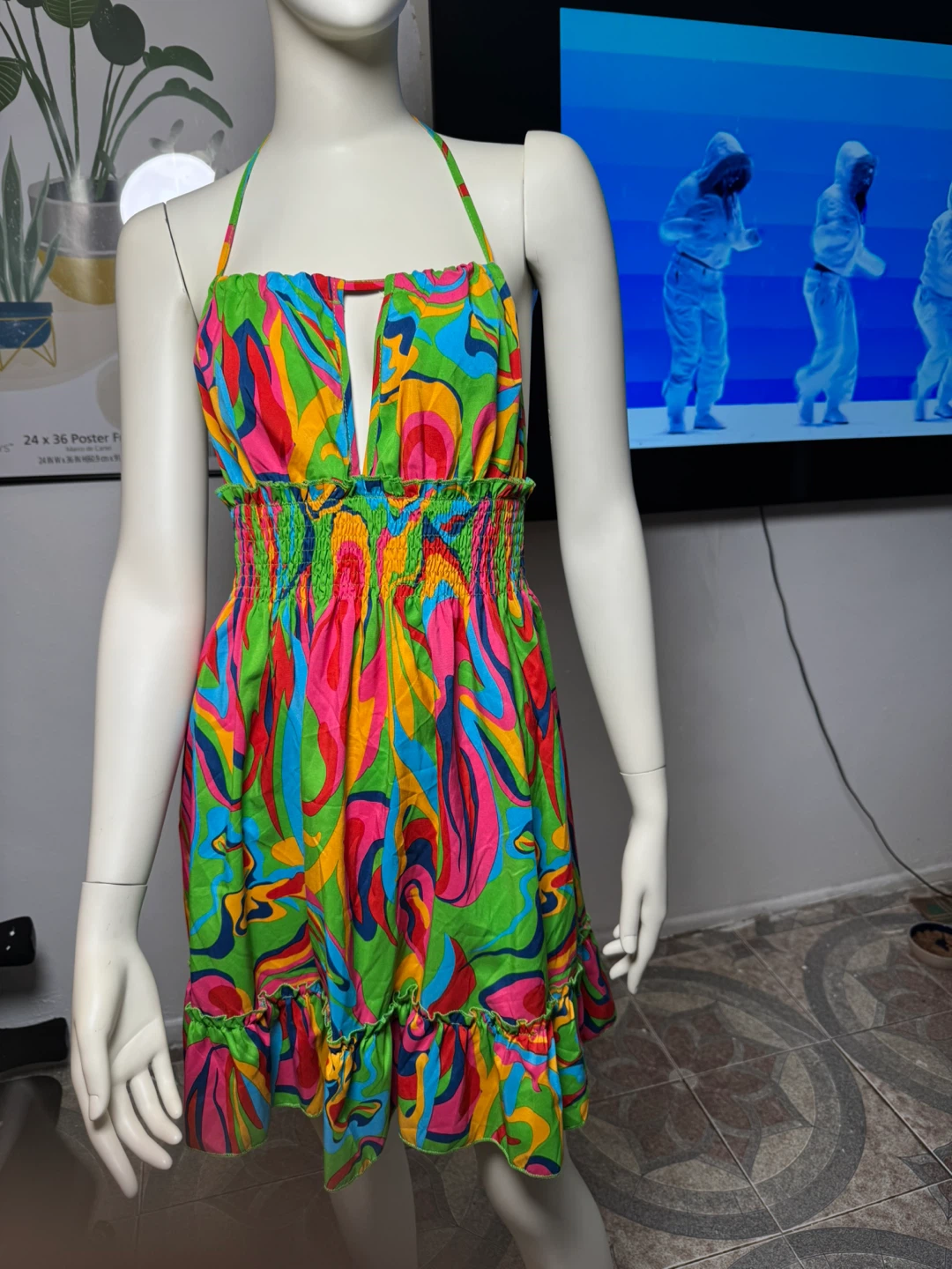 Vibrant Halter Neck Mini Dress with Smocked Waist - photo 3