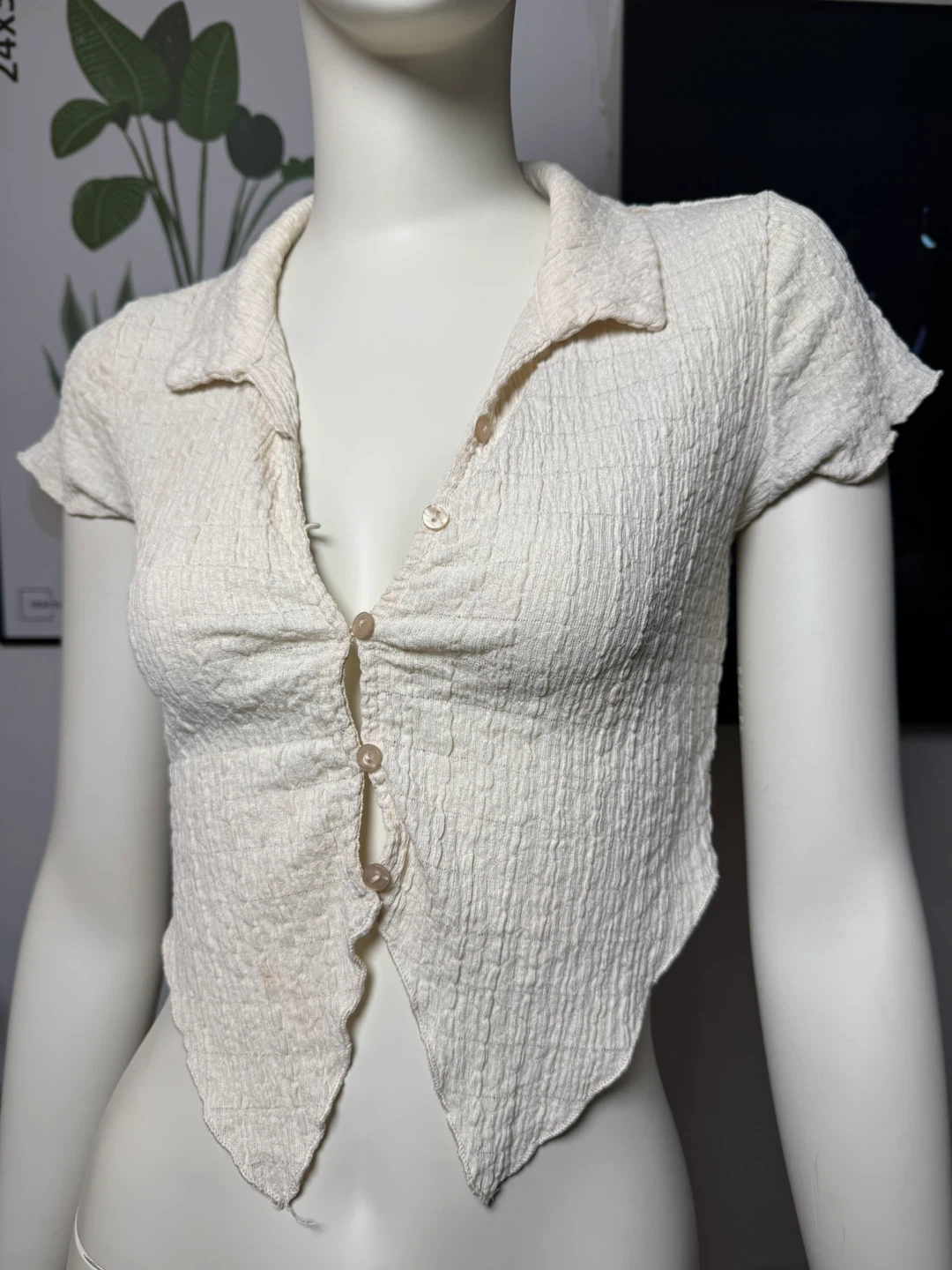 Cream Textured Collared Button-Up Crop Top
