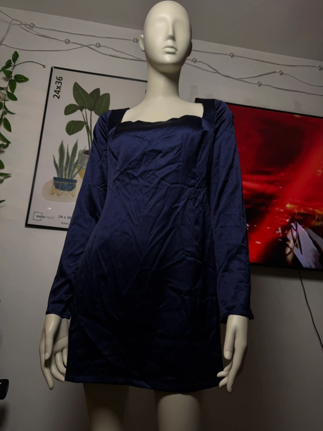 Navy Blue Satin Square Neck Mini Dress - photo 3